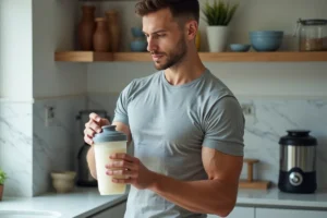 Homme tenant un shaker de protéines et lisant l'étiquette nutritionnelle d'une poudre de protéines dans une cuisine moderne