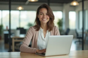 Jeune femme professionnelle au bureau avec ordinateur portable