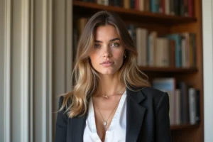 Jeune femme parisienne en blazer dans un appartement élégant