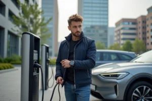 Jeune homme chargeant une voiture électrique en ville