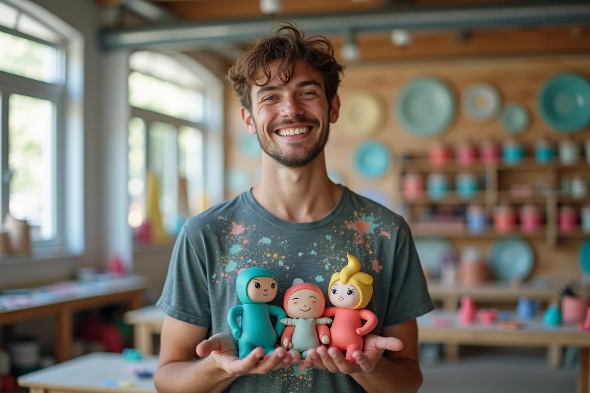 Jeune homme tenant des figurines en ceramique peintes avec fierte
