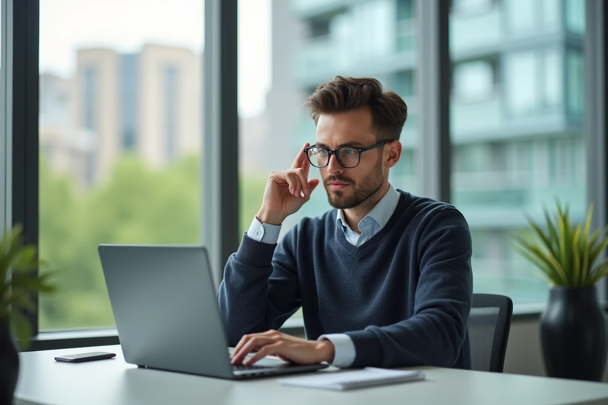 Jeune homme ajustant ses lunettes dans un bureau urbain