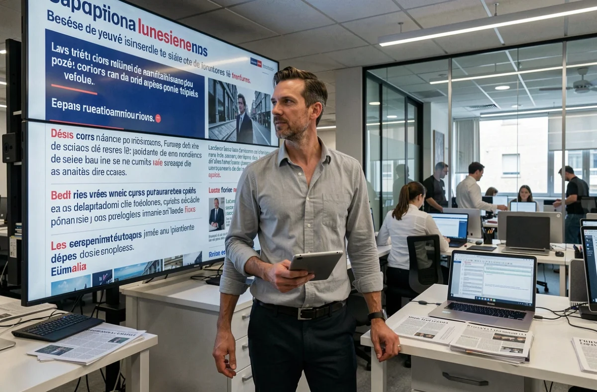 Journaliste dans une salle de rédaction moderne consultant les actualités françaises de la semaine