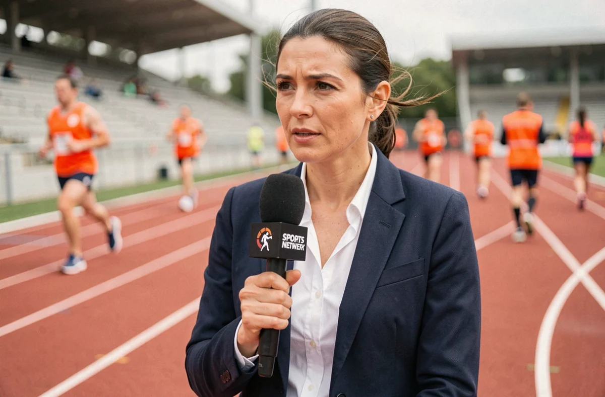 Journaliste sportive professionnelle réalisant une interview en bordure de piste d'athlétisme lors d'un événement sportif