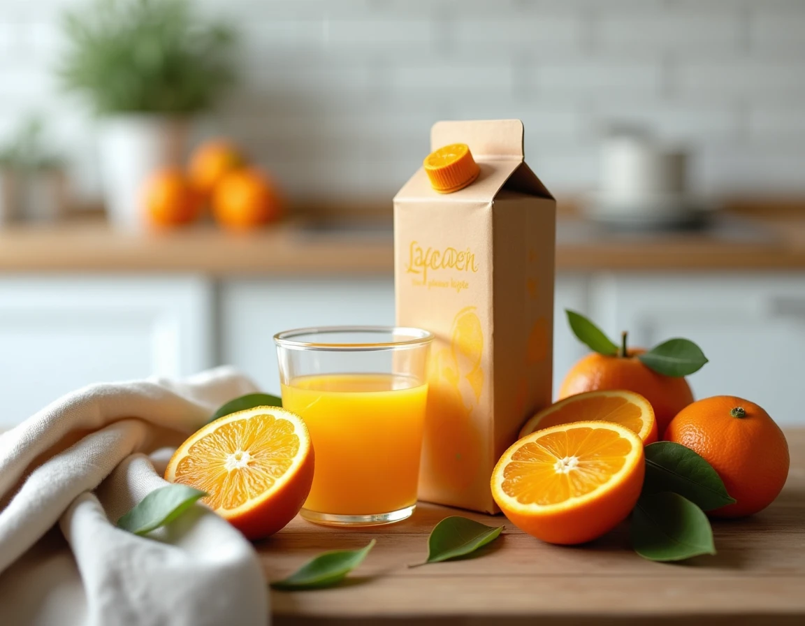 Carton de jus Jafaden, verre de jus d'orange frais et oranges coupées sur une table en bois rustique dans une cuisine