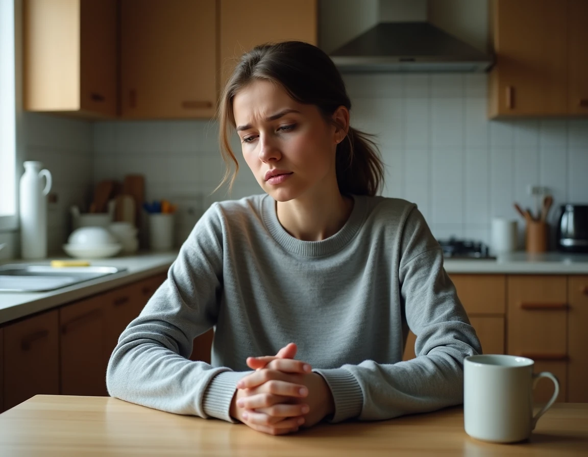 Mère inquiète assise à la table de cuisine, réfléchissant à comment protéger ses enfants d'un grand-parent toxique