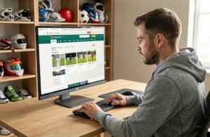 Homme naviguant sur un site sportif en ligne depuis son bureau à domicile