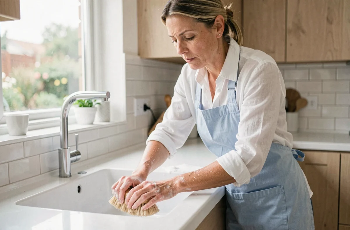 Femme nettoyant un évier en céramique blanche avec une brosse naturelle dans une cuisine moderne