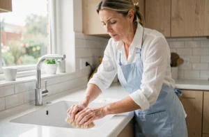 Femme nettoyant un évier en céramique blanche avec une brosse naturelle dans une cuisine moderne