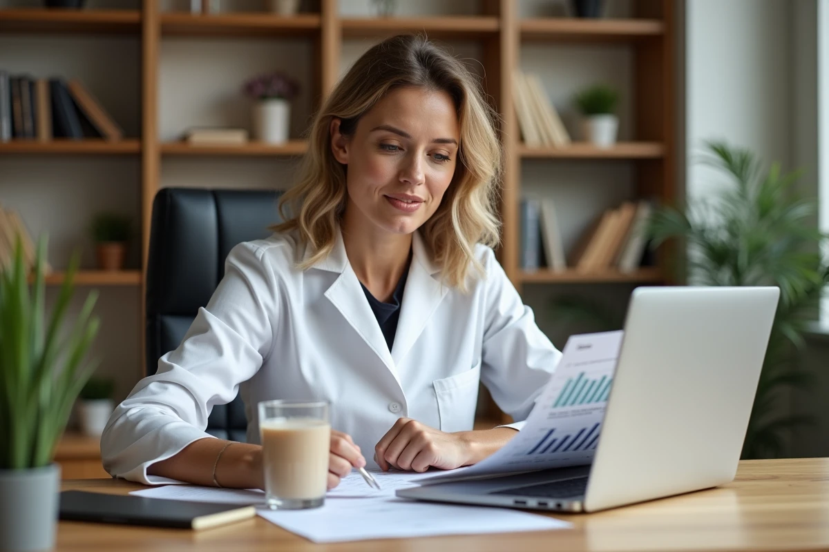 Nutritionniste sportive en blouse blanche consultant des documents de recherche sur les apports en protéines avec un shake posé sur son bureau