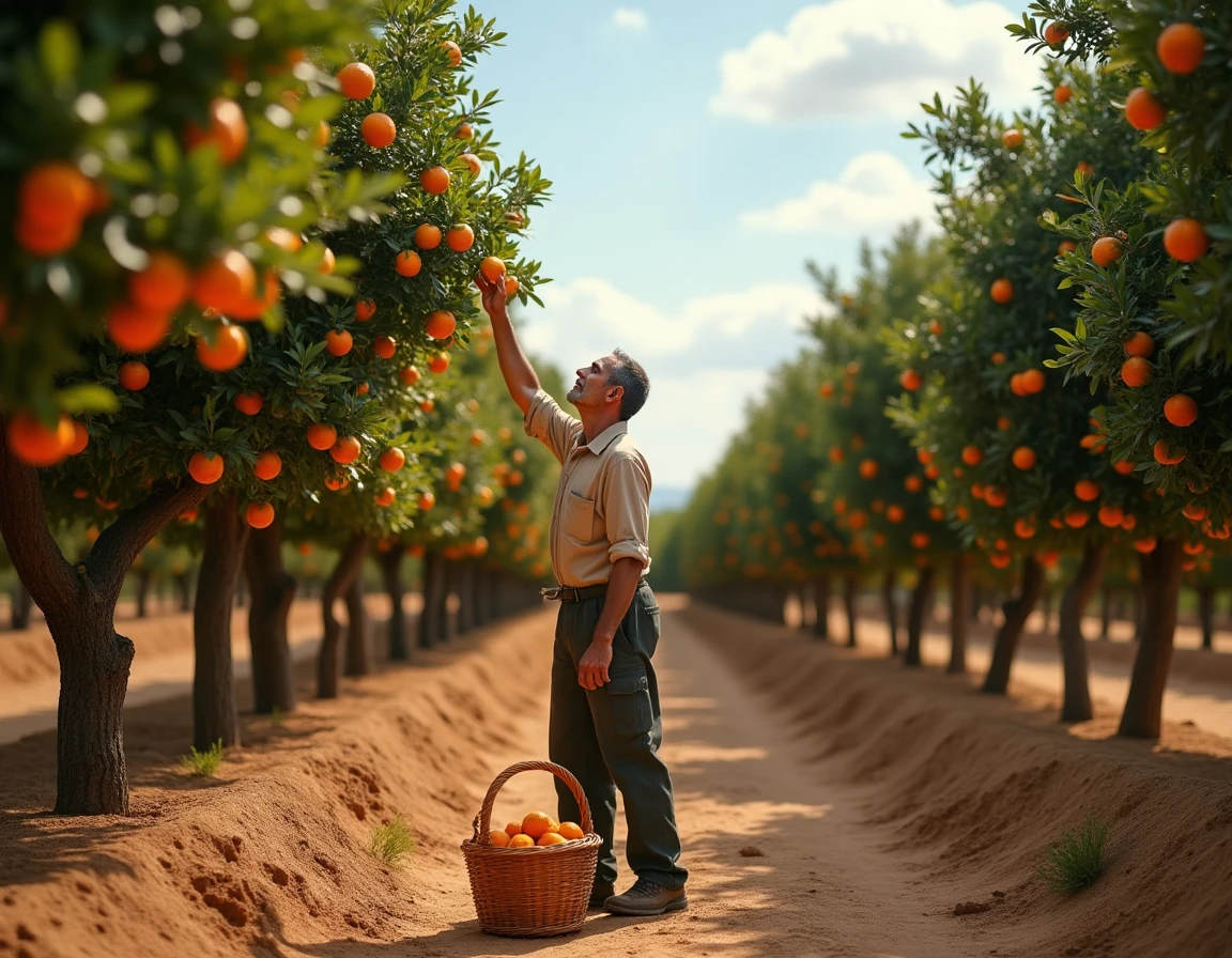 Agriculteur récoltant des oranges dans un verger méditerranéen ensoleillé, matières premières utilisées pour la fabrication des jus Jafaden