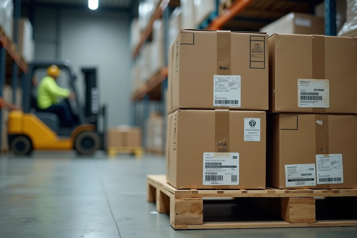 Palette de colis empilés avec étiquettes de suivi dans un centre de tri logistique