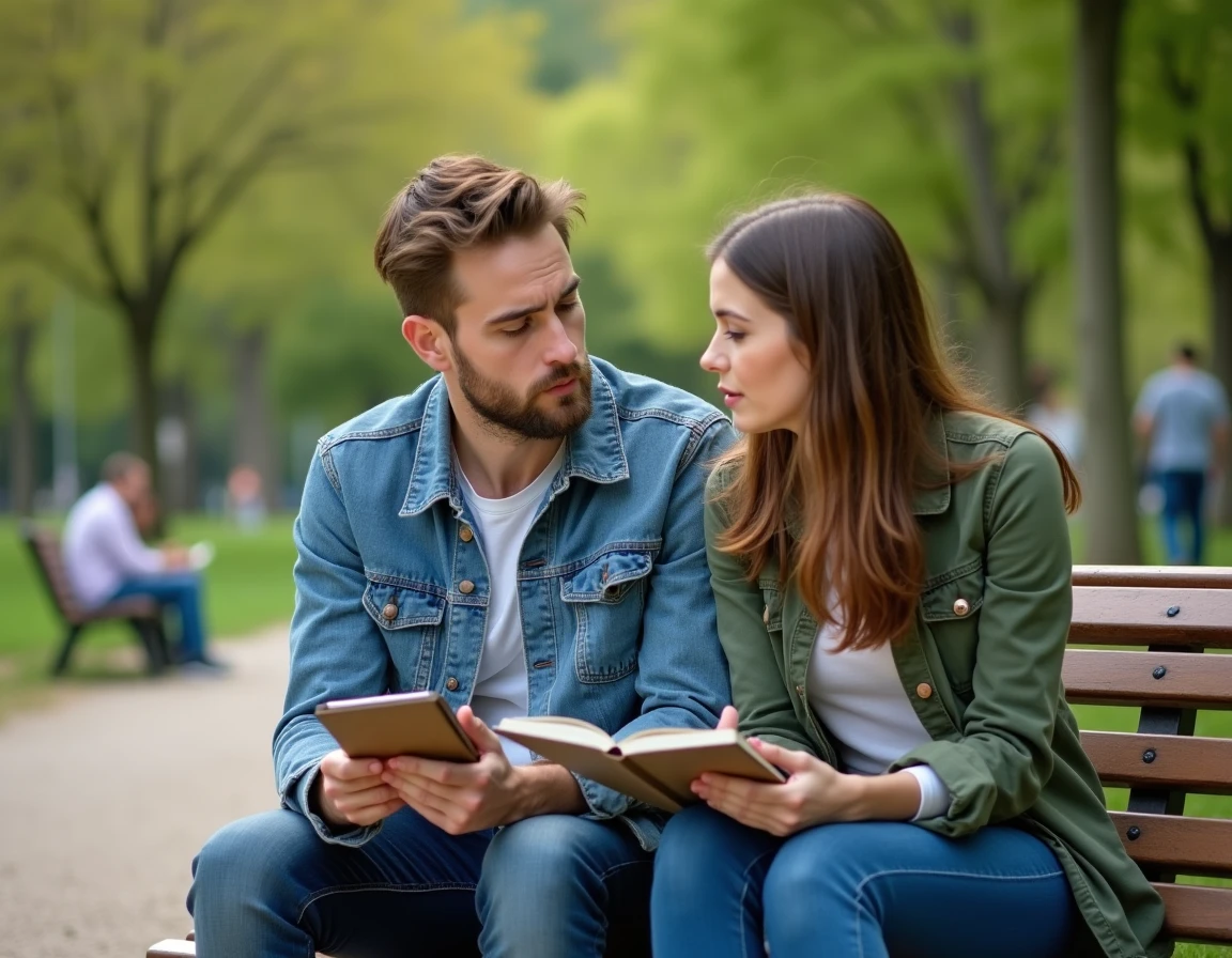 Couple de parents discutant d'une stratégie pour protéger leurs enfants d'un grand-parent toxique dans un parc