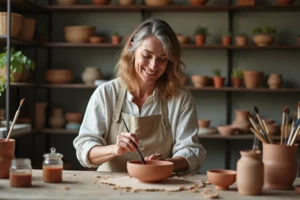 Femme peignant une bol ceramique faite main dans un atelier cosy