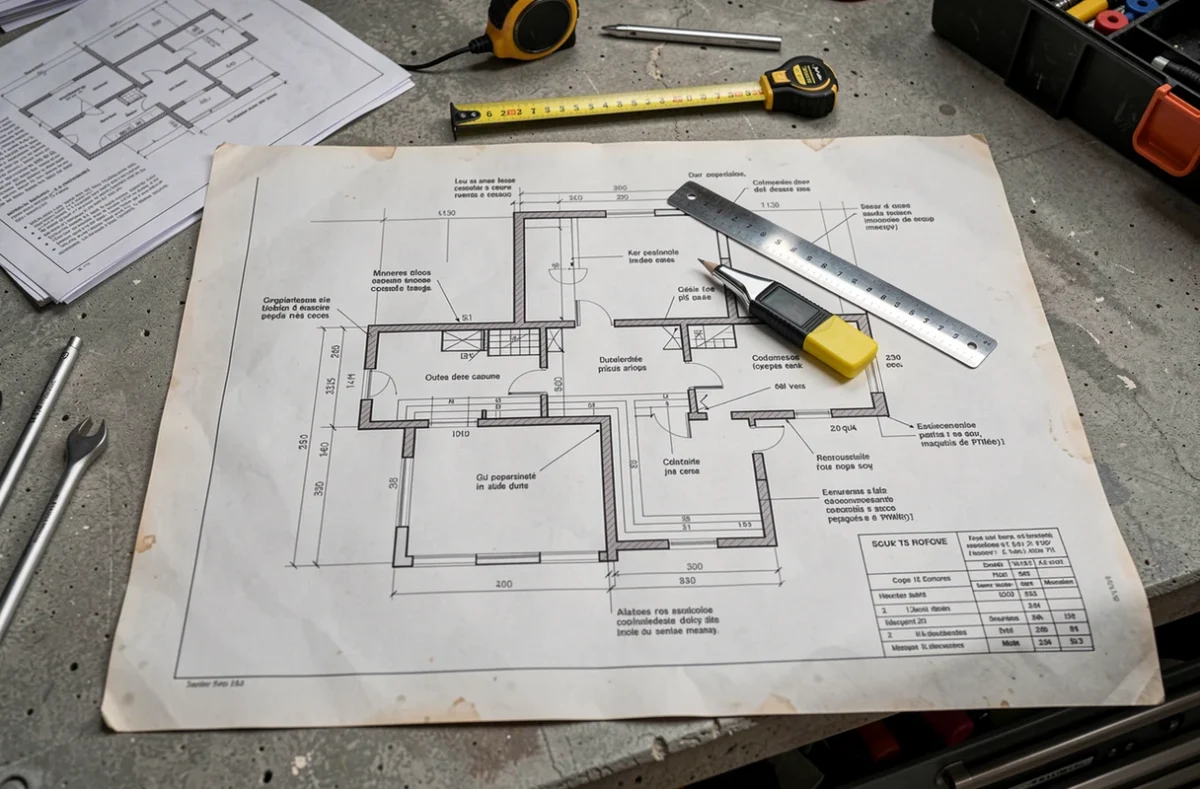 Plan architectural de canalisation détaillé avec annotations techniques posé sur un établi de chantier