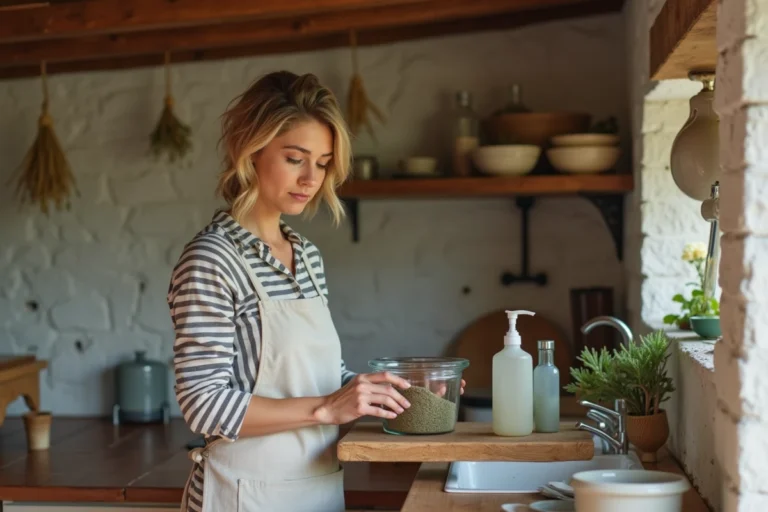 Femme bretonne arrangeant des produits ménagers naturels et éthiques dans une cuisine en pierre rustique