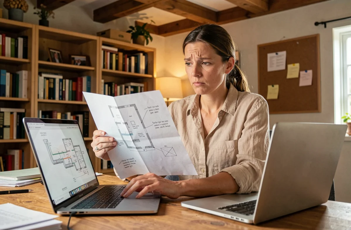 Femme comparant un plan papier de maison avec un schéma de canalisation sur ordinateur portable