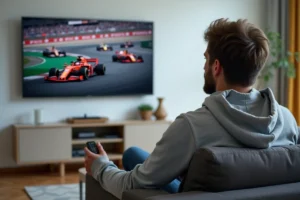 Homme regardant un Grand Prix de Formule 1 en direct sur la RTBF depuis son salon sur grand écran