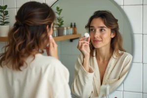 Femme appliquant de la crème hydratante devant un miroir dans une salle de bain moderne et épurée