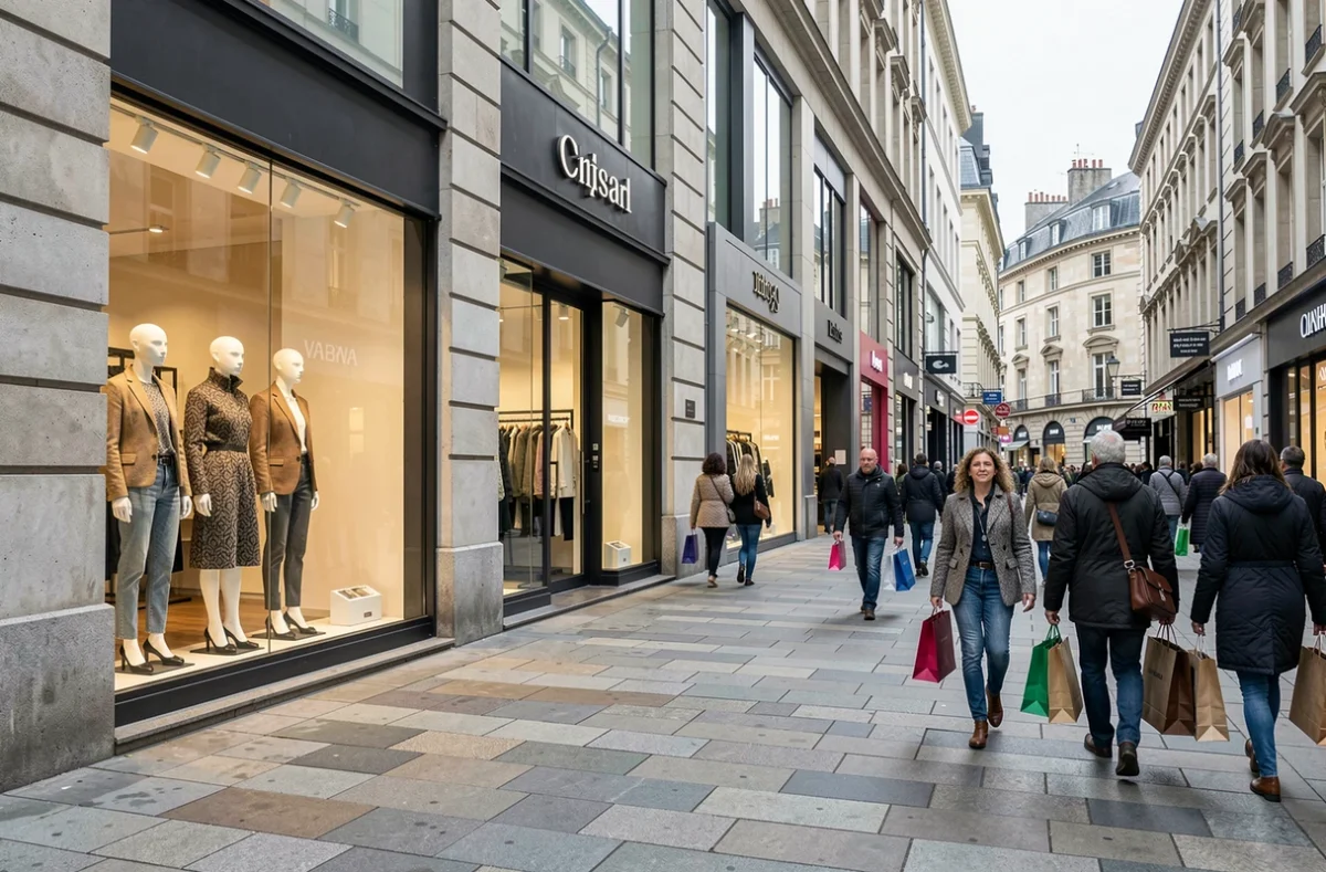 Rue commerçante européenne avec plusieurs devantures de marques de mode en compétition avec Zara, piétons et vitrines animées en centre-ville