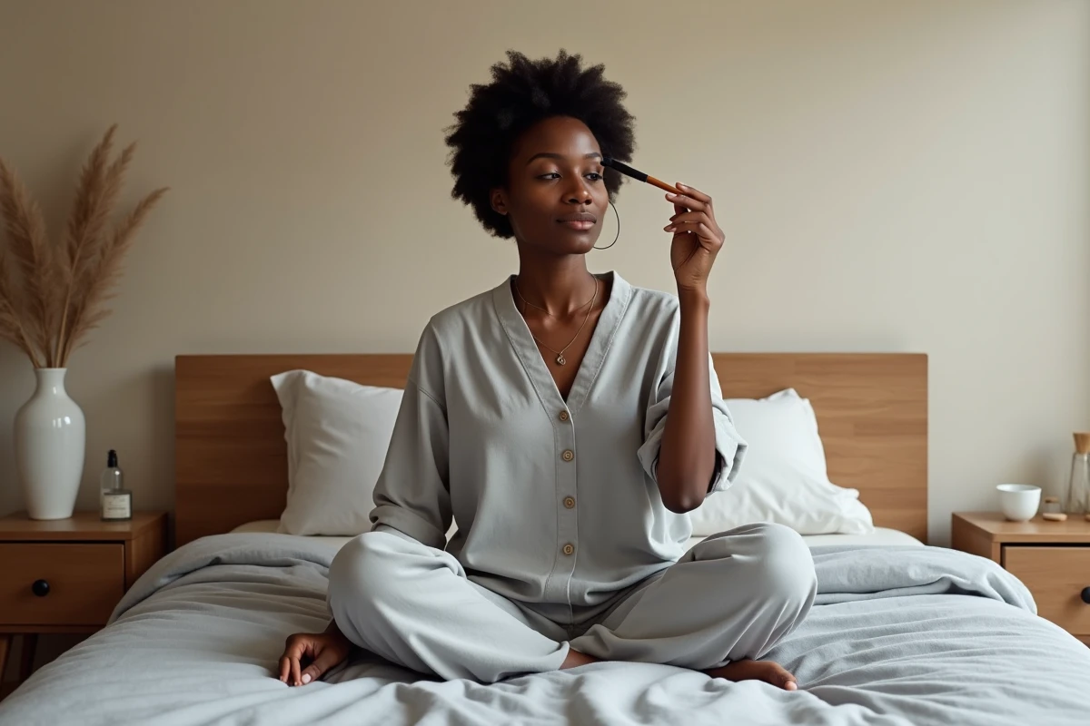 Jeune femme prenant soin de ses sourcils dans une chambre minimaliste et apaisante