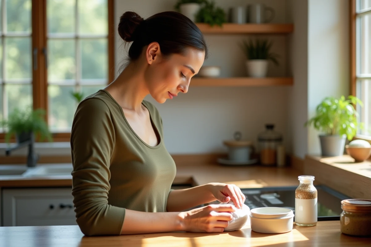 Femme préparant des soins beauté naturels faits maison sur un comptoir en bois dans une cuisine lumineuse