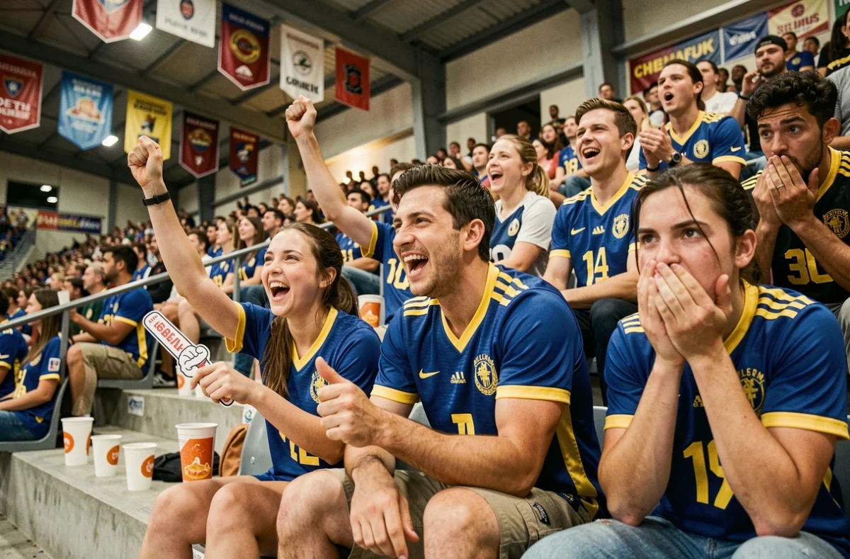 Groupe de supporters passionnés réagissant avec enthousiasme dans les tribunes d'une arène sportive lors d'un événement en direct