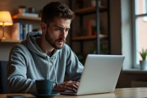 Homme naviguant sur un site de téléchargement torrent depuis son bureau à domicile
