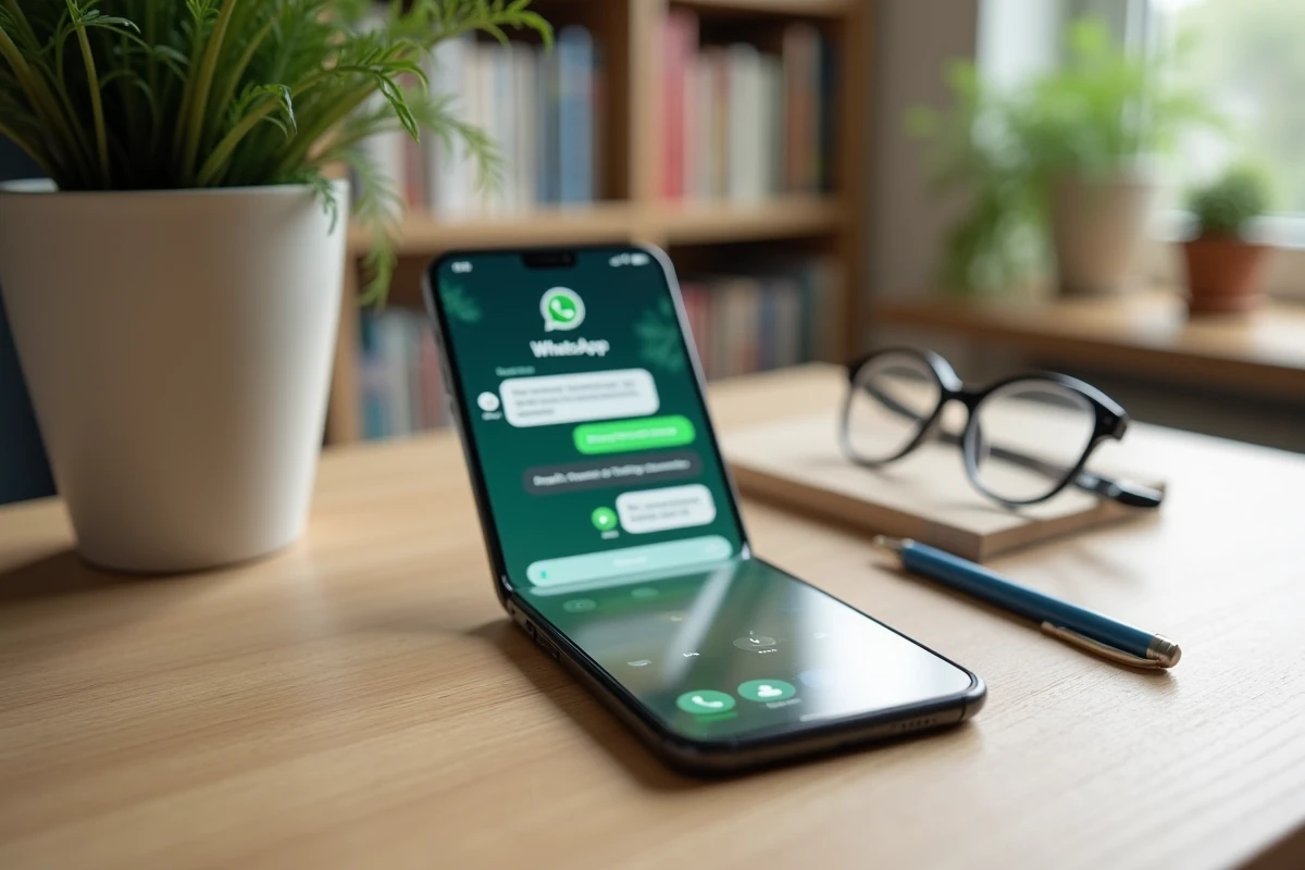 Téléphone Doro affichant l'interface WhatsApp posé sur un bureau