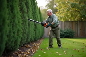 Homme utilisant un taille-haie télescopique pour tailler une haute haie dans un jardin suburban bien entretenu
