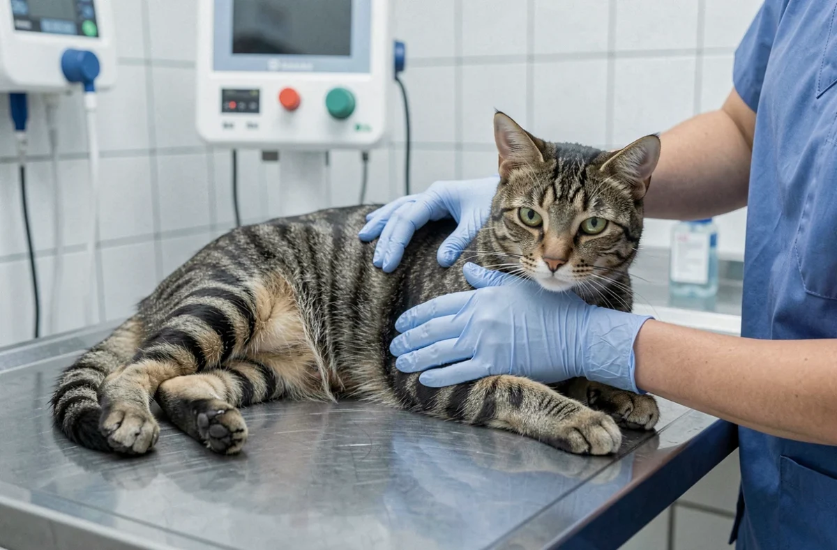 Vétérinaire examinant un chat tigré sur une table d'examen en clinique vétérinaire avant une stérilisation